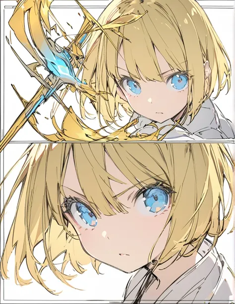 A girl fighting with golden flames(Sketches), (Open Close), (Small body), (Blonde:1.5） (Short Bob Hair:1.4), (Blue eyes)輝く
