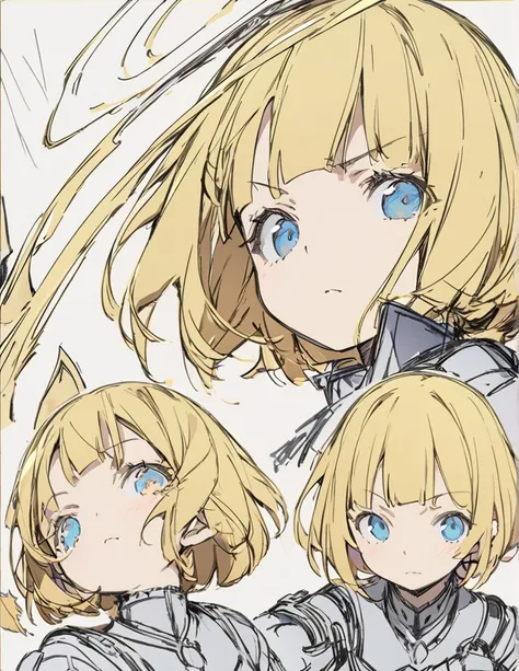 A girl fighting with golden flames(Sketches), (Open Close), (Small body), (Blonde:1.5） (Short Bob Hair:1.4), (Blue eyes)輝く
