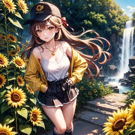 Red, brown, gold, gold hair、Golden Eyes、Hair tied up、One good looking girl、solo、anime、Checkered mini skirt、Ruffles on the skirt、camisole、camisole、Lightweight cardigan、Black knee-high socks、Wearing a baseball cap、Ribbon、Ribbon on waist、Teeth are visible、Sun...