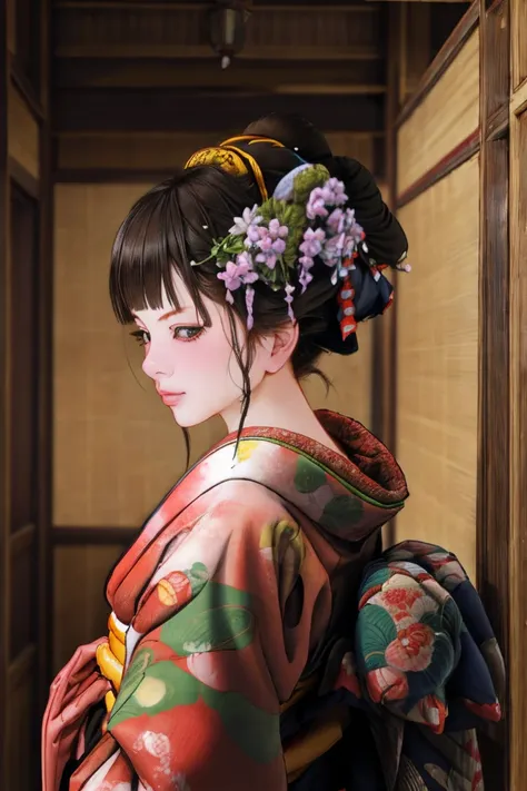 1 Girl, alone, Oiran, Maiko, country, Looking at the audience, short hair, Brown eyes, Brown Hair, Black Hair, hair ornaments, Upper Body, kimono, Blunt bangs, kimono, sash, Compensate, Bob cut hair,