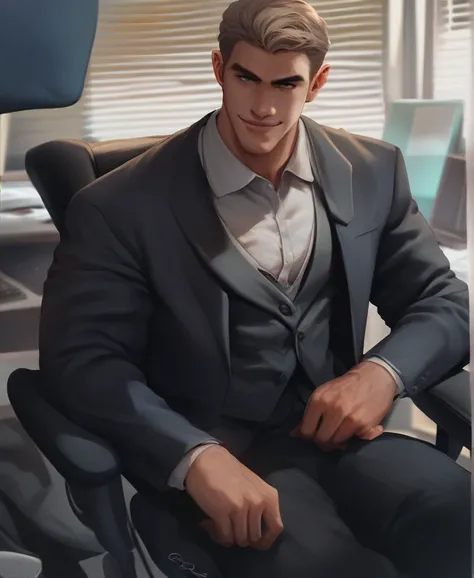 score_9, score_8_up, score_7_up, score_6_up, score_5_up, score_4_up, 1boy, solo, male focus,suit, office chair, office interior, looking at viewer, smug, (muscular:0.8), sitting