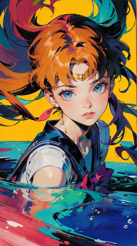 Realistic portrait of the protagonist of the anime Sailor Moon　(Super detailed,ultra high resolution,detailed background),((2D)),((flat color)),((colorful)),((floating colorful water)),1 girl,alone,looking at the viewer,break