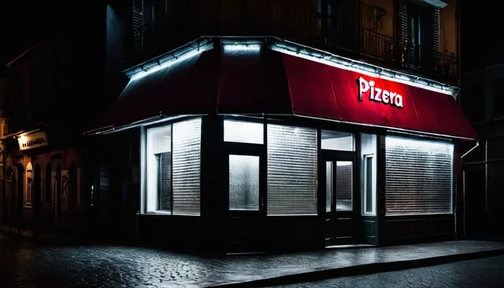 front facade of a pizzeria, dark, ominous night, no people in the place