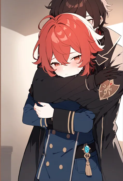 Tignari from the game Genshin impact dressed in a doctor&#39;s coat, he hugs Diluc from the game Genshin impact, Diluc is wearing a police chief&#39;s uniform, Tignari is crying, hugging Diluc