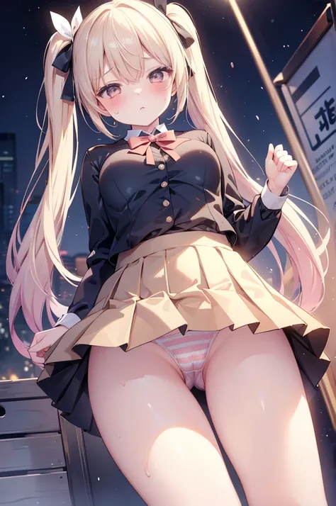 masterpiece, best quality, ultra detailed,,1girl, blush, sweat, mini skirt, lift skirt, stripe panties, hair ribbon, twin tails, pleated skirt, camel toe, 