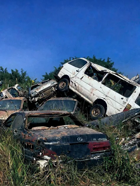 there are many cars that are sitting in the grass, wrecked cars, many overgrown scrap cars, abandoned vehicles, abandoned cars, junk yard, scrapyard, destroyed cars, many scrap cars, destroyed flipped wrecked cars, junkyard, broken cars, twilight junkyard,...