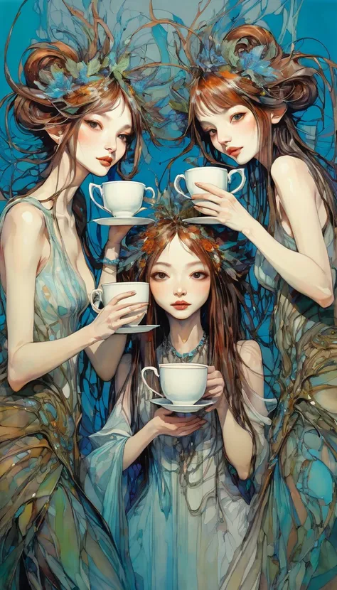 three women have fun and dance, each holding a cup, luxurious cups(art inspired by Brian Froud and Carne Griffiths and Wadim Kashin, intricate details, oil)