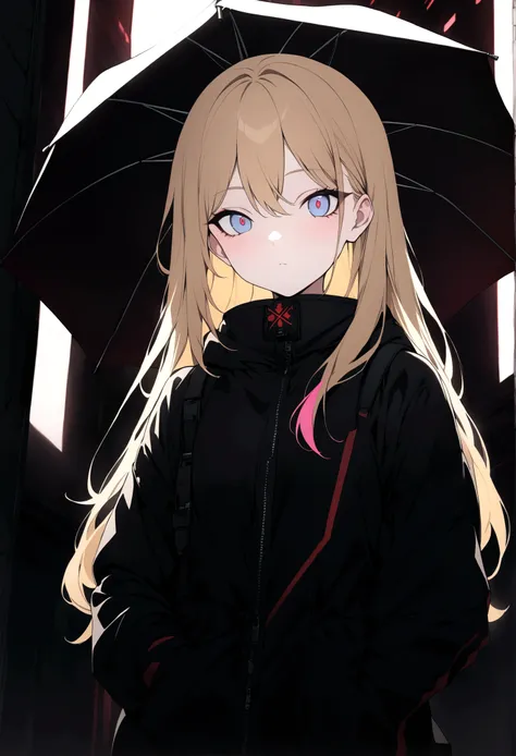 (masterpiece, 32k, 8k, Umbrella Corporation corridor scenario) girl 17 years old, naturally beautiful face, long blonde hair with pink streaks, tight black clothes in cyberpunk style, eyes of different colors, one blue eye and the other gray eye