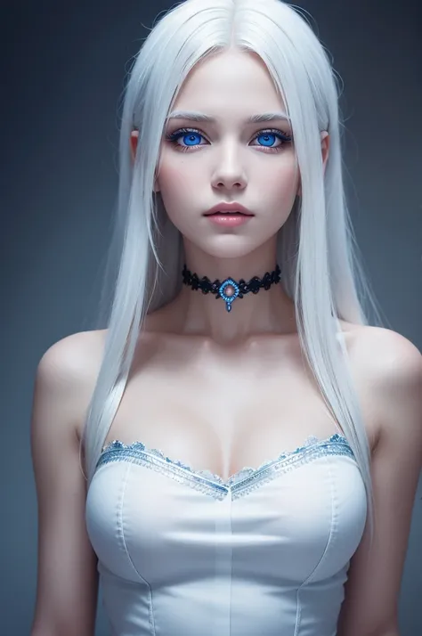 Create a realistic image of a young blonde woman with white hair and seductive, piercing blue eyes 
