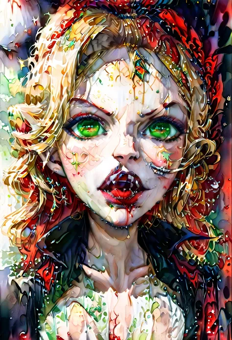 ((a watercolor portrait of an exquisite, glamour female vampire: 1.5)) , pale face, blond hair, long vibrant shiny hair, glamorous hair, emerald green eyes, deep penetrating eyes, red lips, lustful lips, ((two vampiric fangs: 1.5), drops of blood dripping ...