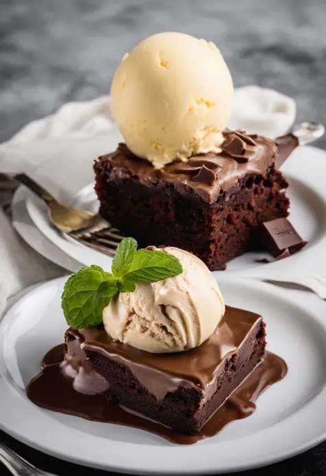 Brownie, brownie de chocolate, (plate with chocolate brownie and banana ice cream), brownie with banana ice cream, banana ice cream with brownie, foto realisitic, professional foto, photo taken by the best photographer in the world, 4 K, best qualityer, op...