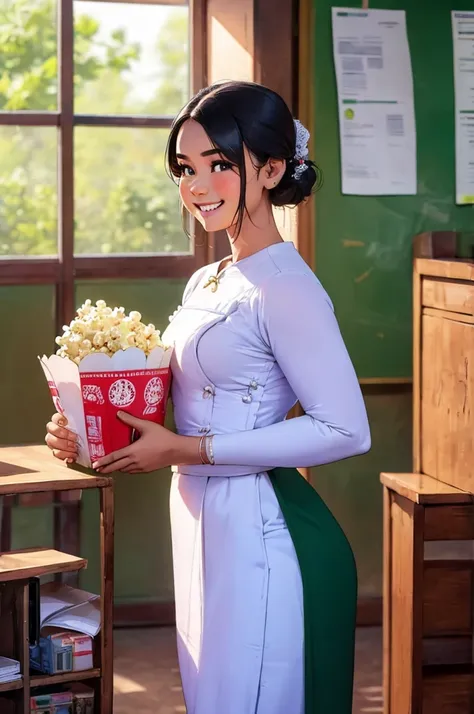 myanmar school girl holding popcorn, wearing a crisp white  with green longyi, her face lit with a cheerful smile, standing in a...