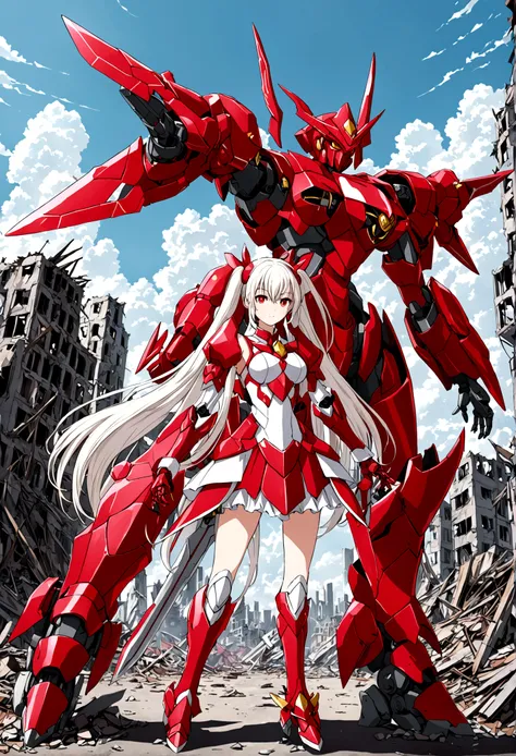 mecha style magical girl, White long hair styled in twintails, red eyes, wearing a crimson coloured Magical girl style mecha armor, she holds a enrgy blade in one of her hands, full body in picture turned towards viewer, backround is a destroyed city