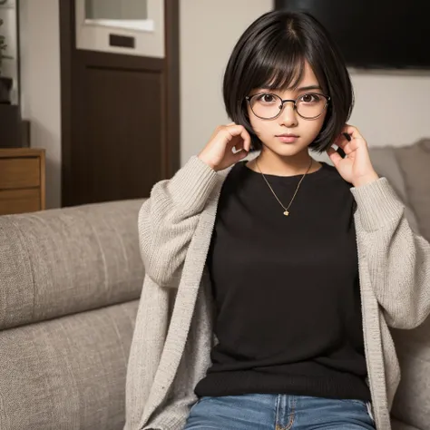 Teenage girl with short black hair, Dark Skin, Brown eyes and glasses , Simple clothing , 