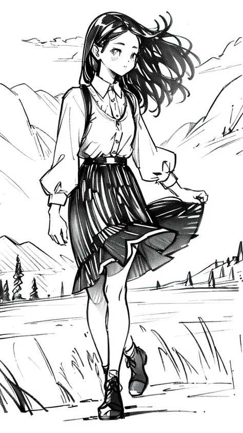 One Girl,Line art,Monochrome,sketch,Pencil drawing,Traditional Media,One Girl, skirt,Cute Teenage Girls, ,Beautiful portrait、Delicate body、Black Hair、Black Hair,landscape