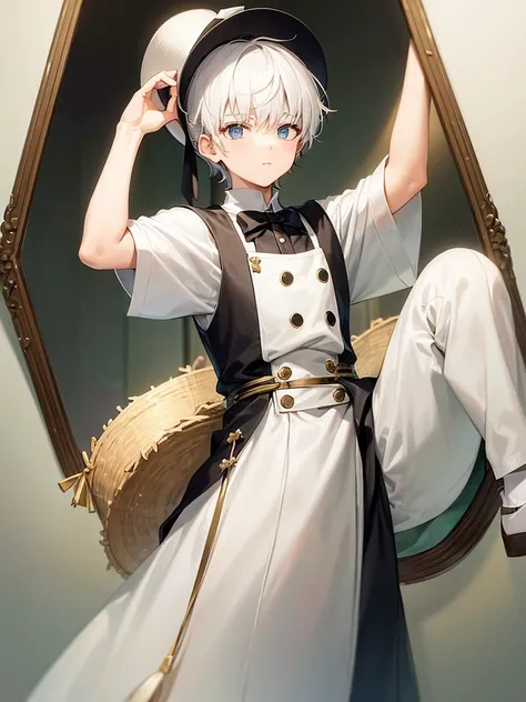 A boy with white hair, dressed in commoner clothing and a bucket on top of his head 