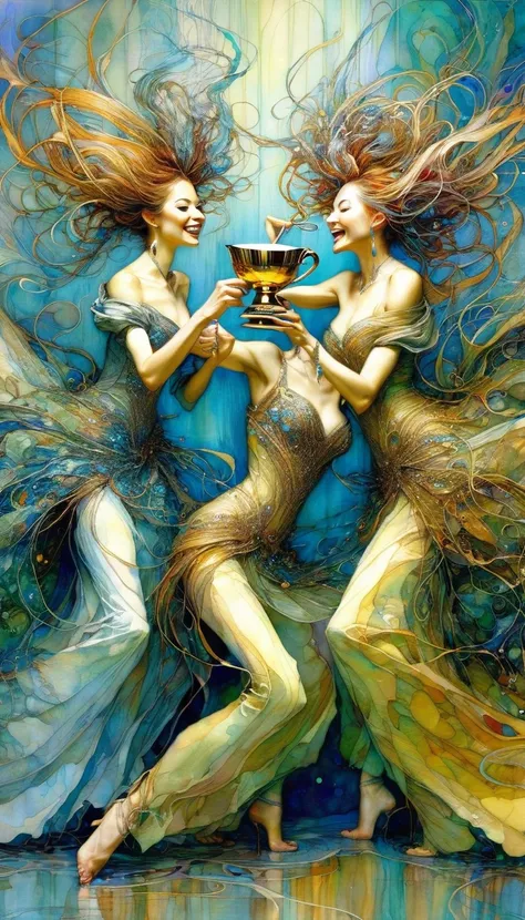 three women have fun and dance, each holding a cup, luxurious cups(art inspired by Brian Froud and Carne Griffiths and Wadim Kashin, intricate details, oil)