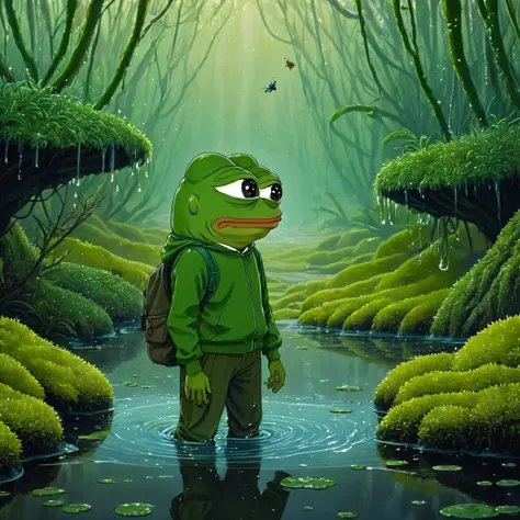 a land full of slime moss stagnant water and insects, (((pepe_frog))), 1 boy