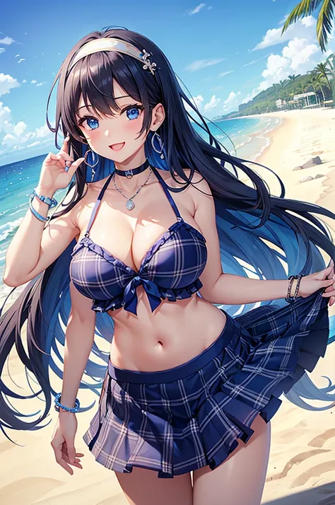 Highest quality、Highest quality、masterpiece、Beauty(Age 25)、Navy blue long hair、blue eyes、Sexy plaid bikini、Big cleavage、(Big Breasts),smile、blue necklace、Blue Earrings、background(Beach)、Please open your mouth wide、White headband、bracelet、Dynamic pose、Blue ...