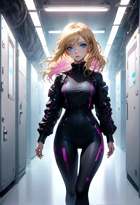 (masterpiece, 32k, 8k, white laboratory corridor setting, character walking towards the viewer) woman, 26 years old, naturally beautiful face, long blonde hair with pink streaks, tight black clothes in cyberpunk style, eyes of different colors, one blue ey...