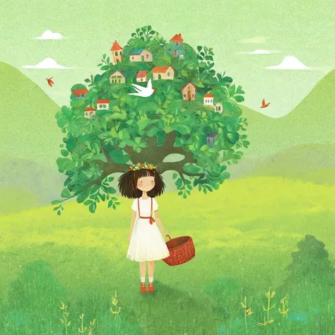 digital illustration art, a comical illustration of a little girl adorned with many houses, trees, roots, a little swallow, etc....