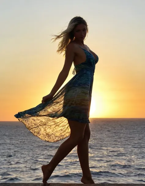 full body shot, a 22 year old gorgeous woman, in love with the viewer, detailed skin face and eyes , natural lighting , sexy body shape, medium breasts, sea view, silhouette against a vibrant sunset, wearing a flowing dress that accentuates your curves, st...