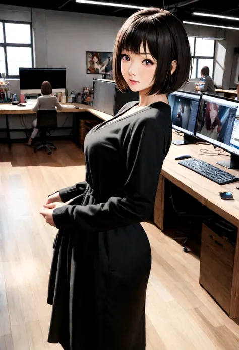 (whole body), (Are standing), 40 year old woman looking at the camera, Short Bob Cut Hair, Beautiful face in every detail, Action Shots, Empty office background, Daytime, Photo Real, CG, Art Station, masterpiece, HD Photos