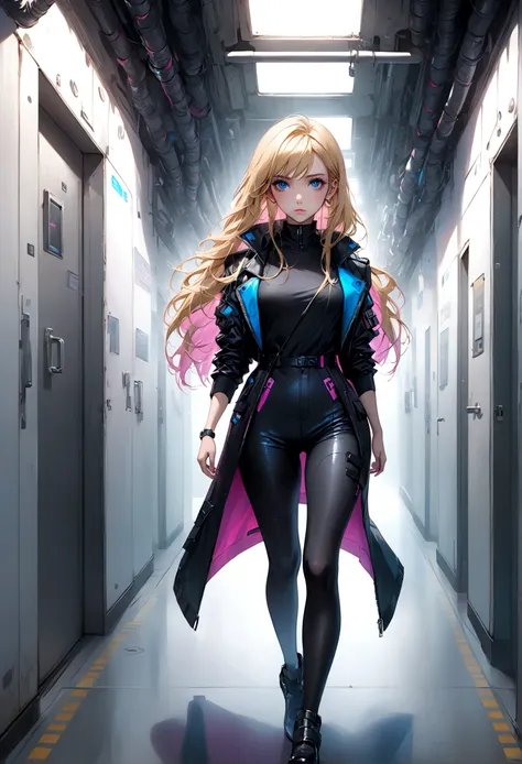 (masterpiece, 32k, 8k, white laboratory corridor setting, character walking towards the viewer) woman, 26 years old, naturally beautiful face, serious and empty expression, long blonde hair with pink highlights, tight black clothes in cyberpunk style, colo...