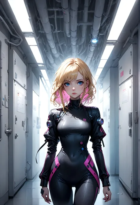 (masterpiece, 32k, 8k, white laboratory corridor setting, character walking towards the viewer) woman, 26 years old, naturally beautiful face, serious and empty expression, long blonde hair with pink highlights, tight black clothes in cyberpunk style, colo...