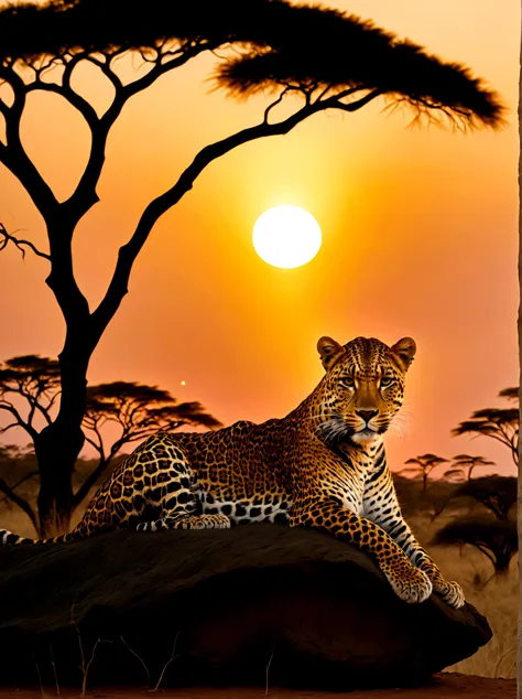 a leopard with a golden crown resting on its head, majestically poised against the backdrop of a sunset in the savannah. the cro...