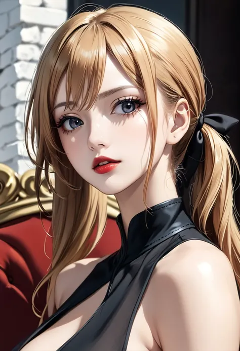 Nami from One Piece (8k, 4k, best quality, highres, ultra high res:1.1), (masterpiece, realistic, photo-realistic:1.1), 1girl, face, close-up, twintails, blonde hair, black eyes, red lips, (looking at viewer:2), long eyelashes, eyeshadow, small face, big e...