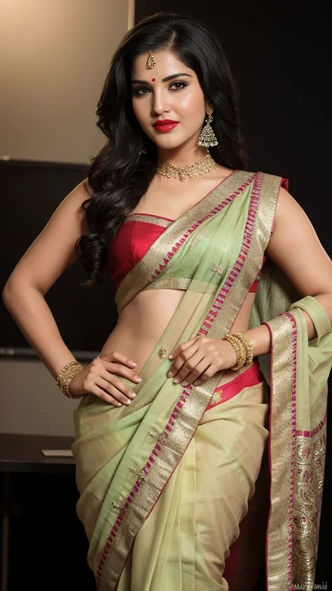 sunny leone, inside class room behind blackboard  sassy photoshoot, (wearing full indian saree ),(red lipstick, sexy bright face...