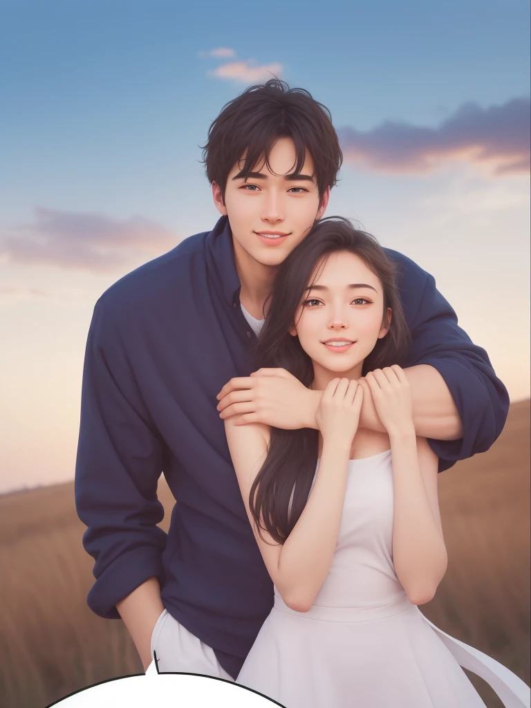 (best quality), big head,picture of a man and woman hugging in front of a sky, Hugging His Girlfriend, Love Each Other, Winds Blow, Happy, Warming, True Love, Couple Goals,UHD