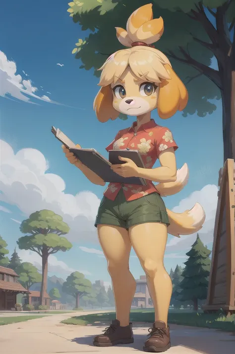 isabelle (animal crossing), furry, yellow skin, red floral shirt, cargo shorts, tail, looking at viewer, serious, standing, outside, plaza, holding clipboard, trees, blue sky, high quality, masterpiece, 