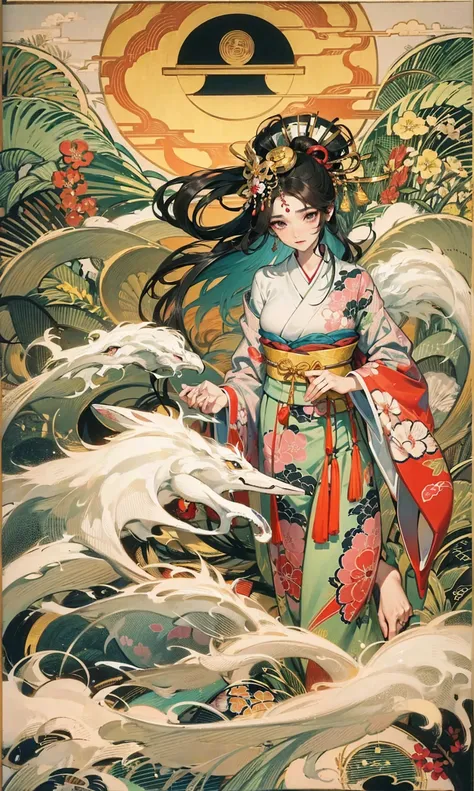 Amaterasu， Goddess of the sun， Sun incarnation，The supreme god of Japan，Ruler of Takamagahara, The apotheosis of the sun，Ancestor of the Emperor of Japan，The supreme god of Shinto in Japan，Incarnation of the sun，The background is a Shinto temple in Japan，(...