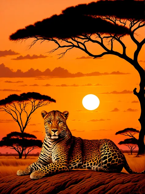 a leopard with a golden crown resting on its head, majestically poised against the backdrop of a sunset in the savannah. the cro...