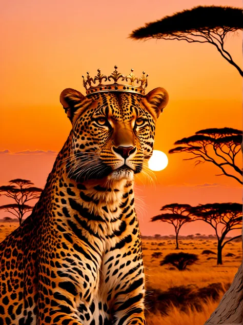 a leopard with a golden crown resting on its head, majestically poised against the backdrop of a sunset in the savannah. the cro...