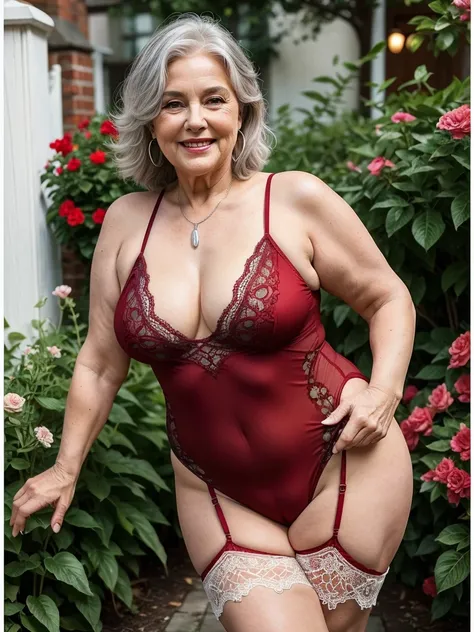 mature old woman 80 years with silver hair, plus size, overweight, old face and body with many wrinkles, smiling, loose skin, st...