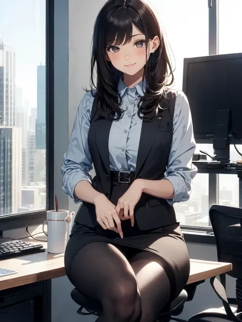 1lady sitting (crossed legs), office worker (stylish outfit), (gray vest) (pencil skirt), mature female, /(dark brown hair/) bangs, blush kind smile, (masterpiece best quality:1.2) delicate illustration ultra-detailed, large breasts, pantyhose BREAK (moder...