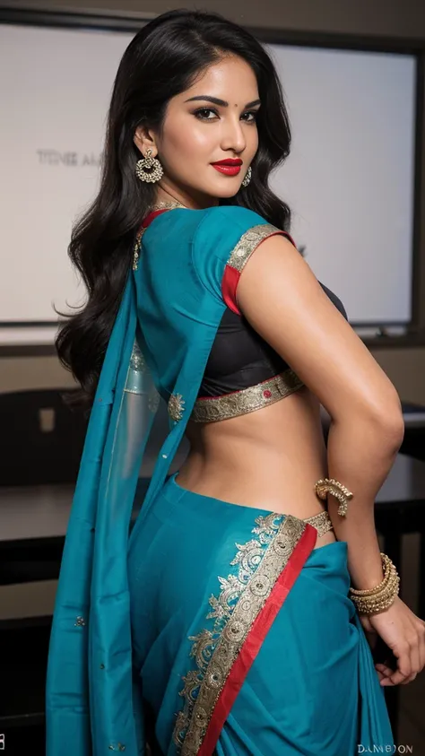 sunny leone, inside class room behind blackboard  sassy photoshoot, (wearing full indian saree ),(red lipstick, sexy bright face...