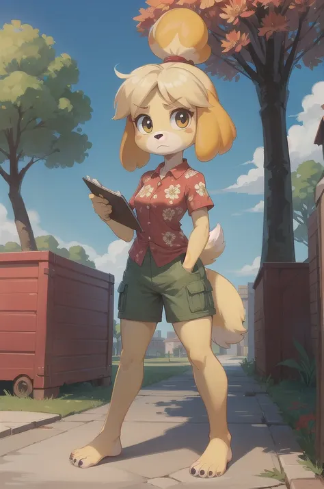 isabelle \(animal crossing\), furry, yellow skin, ((red floral shirt, cargo shorts)), tail, looking at viewer, serious, standing...