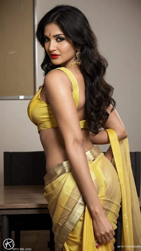 sunny leone, inside class room behind blackboard  sassy photoshoot, (wearing full indian saree ),(red lipstick, sexy bright face...