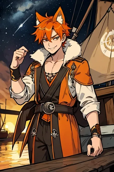 An orange haired fox man with orange eyes and orange fox ears and an orange fox tail in a pirates outfit is watching the stars on a dock with a big smile