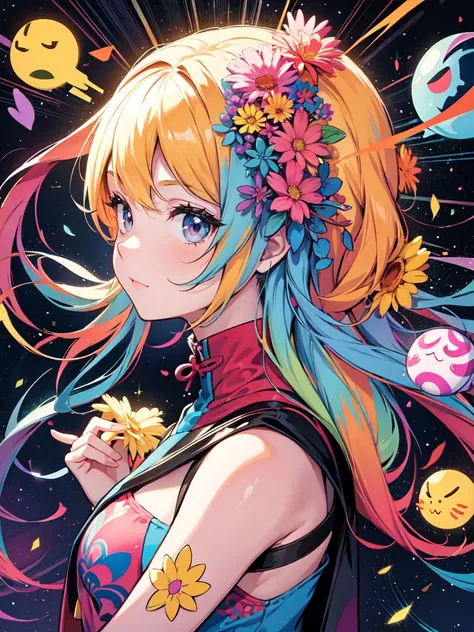 A vibrant illustration of a girl&#39;s profile with pale hair and colorful accessories, Abstract space background. BREAK Girl seen from the side, Her gaze was fixed on an invisible spot., Attention to detail in hair and earrings. The Blake character exudes...