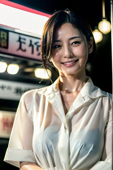 Ultra-realistic front-on portraits taken by a professional photographer。7 heads、((Highest quality)), ((masterpiece)), (detailed), (midnight ,A Tokyo food stall in the dark under a new moon and light rain, Low Key Lighting:1.6)、(looking at viewer, Staring I...