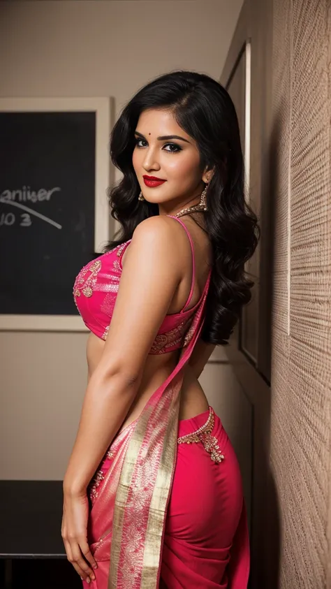 sunny leone, inside class room behind blackboard  sassy photoshoot, (wearing full indian saree ),(red lipstick, sexy bright face...