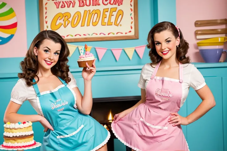 brunette pinup girl takes a cake out of the oven in a pinup style apron beautiful smile beautiful bakery bright light colors pas...