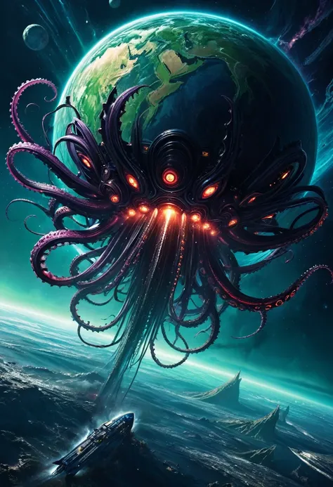 eldritch spaceship destroying planet from orbit, tentacles, gore, danger, mysterious