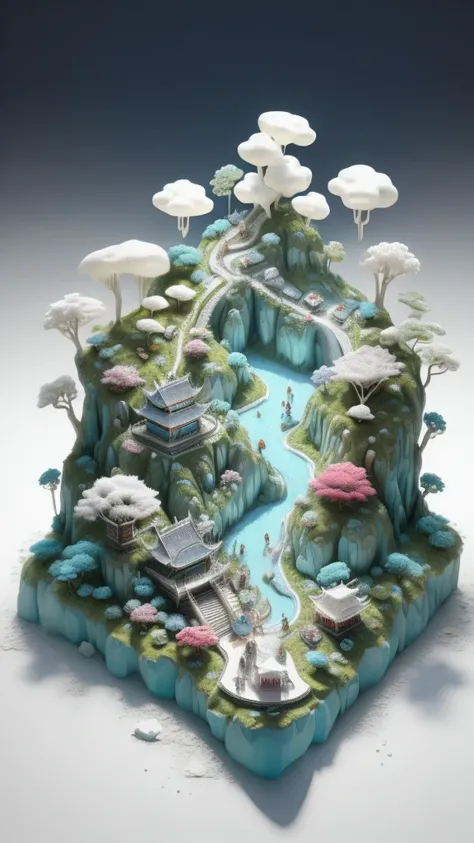 a vibrant and imaginative miniature landscape。dominating the picture is the huge、real, natural, irregular, fluffy white foam，the...