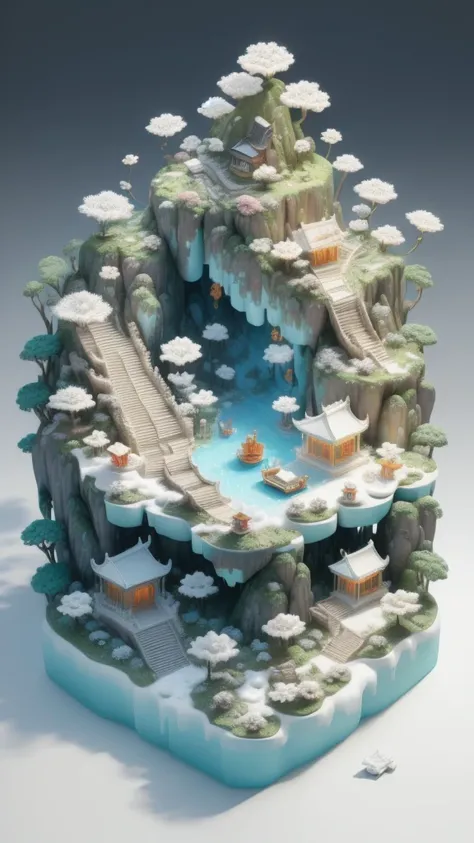 a vibrant and imaginative miniature landscape。dominating the picture is the huge、real, natural, irregular, fluffy white foam，the...